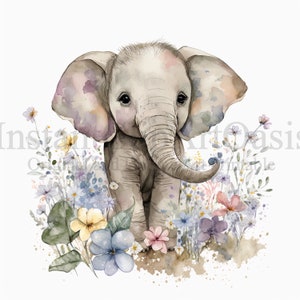 Clipart de elefantes florais, 10 JPGs de alta qualidade, arte de berçário, planejador digital, aquarela, confecção de cartões, registro no diário, download digital | #376
