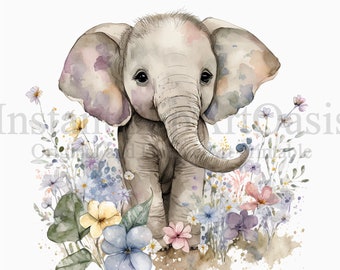 Floral Elephants Clipart, 10 High Quality JPGs, Nursery Art, Digital Planner, Watercolor, Card Making, Journaling, Digital Download | #376