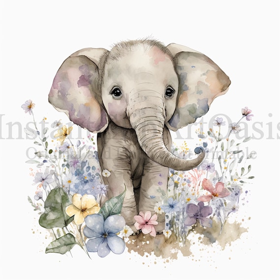 Floral Elephants Clipart, 10 High Quality JPGs, Nursery Art, Digital Planner, Watercolor, Card Making, Journaling, Digital Download | #376