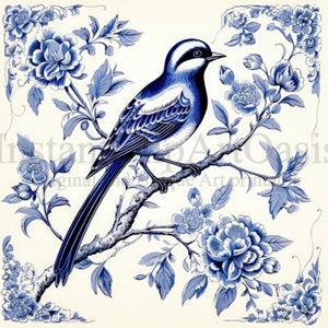 Imágenes prediseñadas de pájaros azules de Delft - 10 JPG de alta calidad, azulejos holandeses, ilustración vintage, fabricación de tarjetas, imágenes prediseñadas de pájaros, artesanía de papel digital #1287