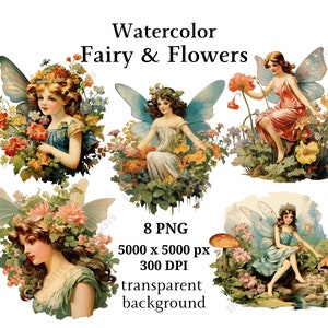 Fairy And Flowers Clipart, 8 High Quality PNGs, Digital Download, Journaling, Fairy Clipart, Card Making, Digital Paper Craft #992