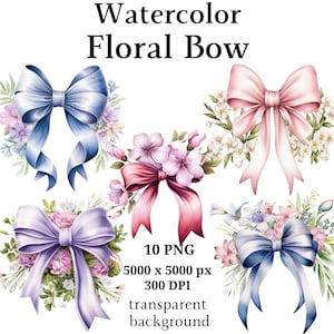 Puede incluir: Cuatro lazos florales de acuarela con cintas y flores de diferentes colores. Los lazos son azules, rosas, morados y azules. Las flores son rosas, blancas y moradas.