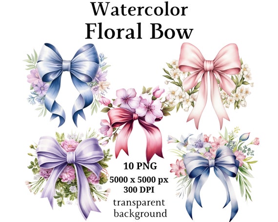Floral Bow Clipart - 10 High Quality PNGs, Digital Planners, Junk Journals, Digital Download, Memory Books, Scrapbooking | #1133