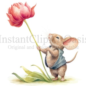 Imágenes Prediseñadas de ratones y tulipanes, 10 JPG de alta calidad, arte de vivero, fabricación de tarjetas, Clip Art de ratón lindo, arte de papel Digital, acuarela / #743