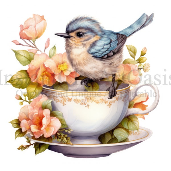 Cute Bird in a Cup Clipart, 10 High Quality JPGs, Instant Digital Download | Card Making, Animal Clipart, Digital Paper Craft | #805