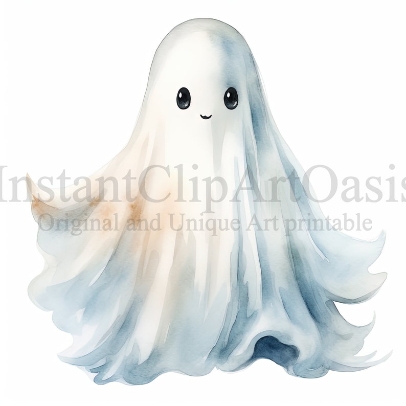 May include: A watercolor illustration of a friendly white ghost with a blue and white gradient. The ghost has large black eyes and a small smile.