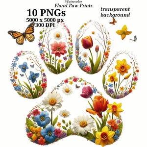 Floral Paw Prints Clipart, 10 PNG de alta calidad, Descarga digital, Fabricación de tarjetas, Scrapbooking, Flores de primavera, Acuarela, Diario #1451