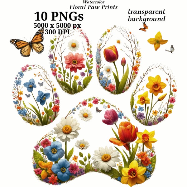 Floral Paw Prints Clipart, 10 High Quality PNGs, Digital Download, Card Making, Scrapbooking, Spring Florals, Watercolor, Journaling #1451