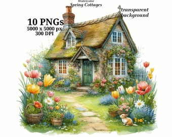 Spring Cottages Clipart - 10 High Quality PNGs, Digital Planners, Junk Journals, Digital Download, Memory Books, Scrapbooking | #1453