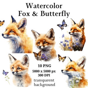 Renard et papillon Clipart, 10 PNG de haute qualité, téléchargement numérique, fabrication de cartes, Fox Clipart, Digital Paper Craft | #1074