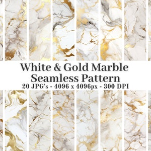 May include: 20 seamless patterns featuring white and gold marble. Each pattern is 4096 x 4096 pixels and 300 DPI.