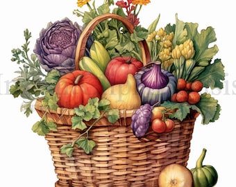 Vegetables Basket Clipart, 10 High Quality JPGs, Junk Journaling, Digital Planner, Wall Art, Digital Paper Craft, Watercolor | #610