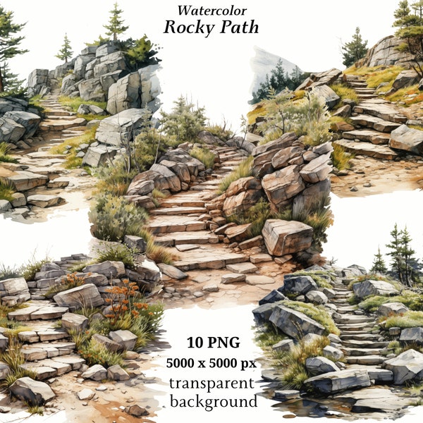 Rocky Path Clipart, 10 High Quality PNGs, Watercolor Art, Digital Download, Card Making, Mixed Media, Digital Paper Craft | #1343