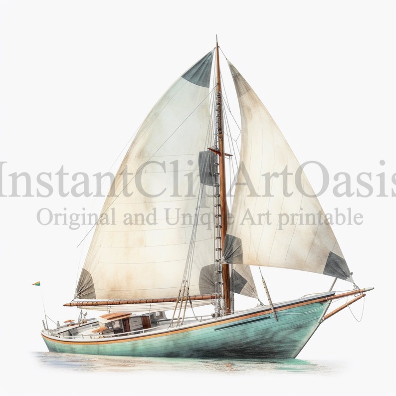 K&ouml;nnte beinhalten: Ein Vintage-Segelschiff mit wei&szlig;en Segeln und einem t&uuml;rkisfarbenen Rumpf, das auf ruhigem Wasser segelt. Das Segelschiff hat einen Mast aus Holz und ein Deck aus Holz.