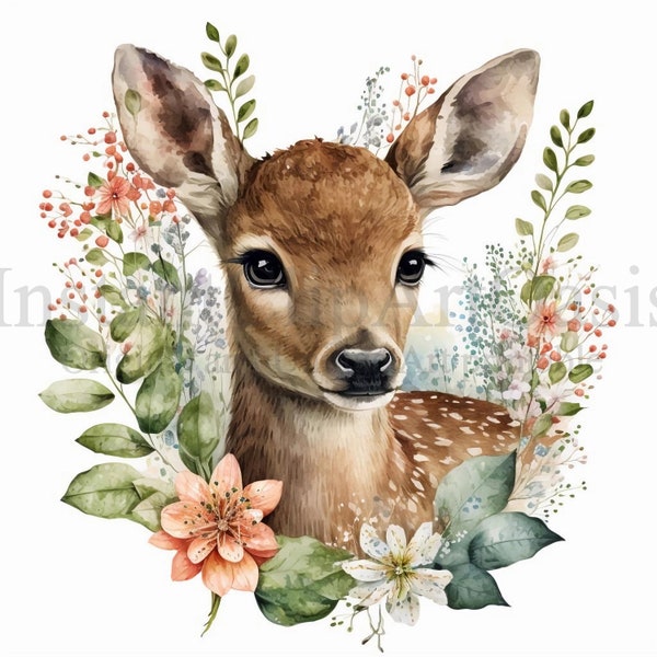 Floral Fawn Clipart, 10 High Quality JPGs, Nursery Art, Digital Planner, Watercolor, Card Making, Journaling, Digital Download | #129