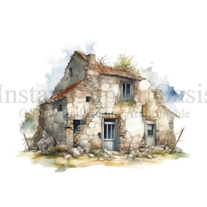 Abbandonato Stone House Clipart, 10 JPG di alta qualità, Arte dell'acquerello, Download digitale, Creazione di carte, Media misti, Mestiere di carta digitale / #723