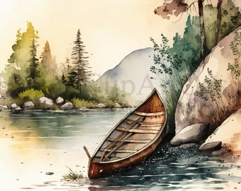 Vintage Canoe Clipart, 9 High Quality JPGs, Watercolor Art, Digital Download, Card Making, Mixed Media, Digital Paper Craft | #125