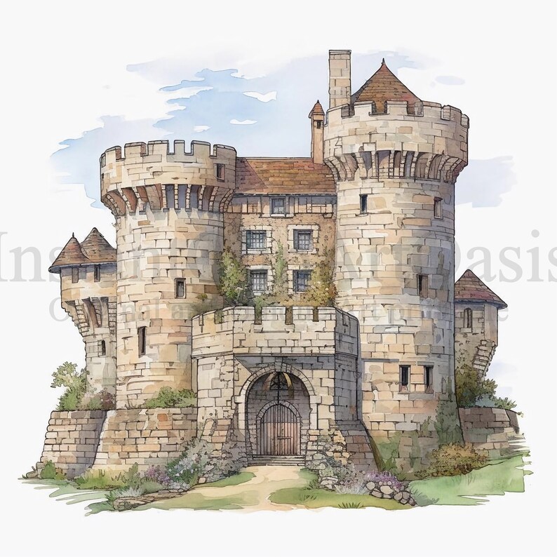 May include: A watercolor illustration of a stone castle with a large, arched entrance and a drawbridge. The castle has multiple towers and is surrounded by a moat.
