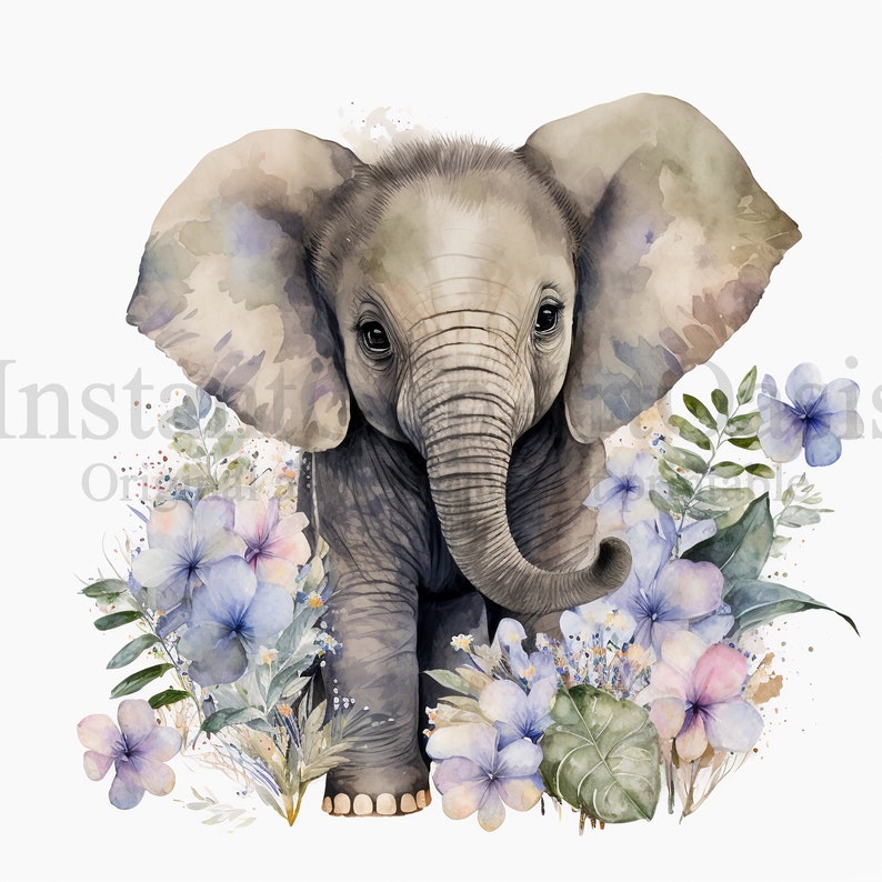 Pu&ograve; includere: Un dipinto ad acquerello di un cucciolo di elefante in piedi in un campo di fiori viola e rosa. L'elefante ha grandi orecchie e una proboscide arrotolata. I fiori sono in fiore e hanno foglie verdi.