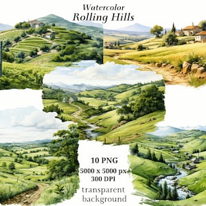 Rolling Hills ClipArt - 10 PNG di alta qualità, Arte dell'acquerello, Download digitale, Creazione di cartoline, Supporti misti, Mestiere con la carta digitale / #1314