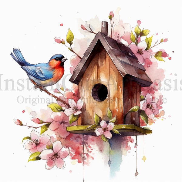 Birdhouse Clipart, 10 High Quality JPGs, Nursery Art, Digital Download | Card Making, Cute Bird Clipart, Digital Paper Craft | #466