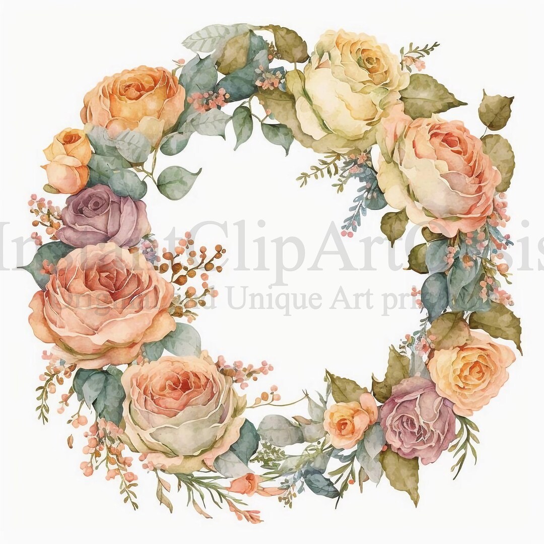 Roses Wreath Clipart, 10 High Quality Jpgs, Botanical Art Card Making