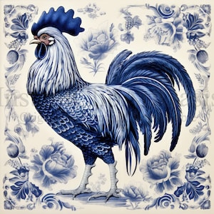Imágenes prediseñadas de gallo azul de Delft - 10 JPG de alta calidad, azulejos holandeses, ilustración vintage, fabricación de tarjetas, imágenes prediseñadas de gallo, artesanía de papel digital #1281