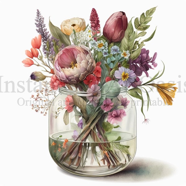 Vase Of Flowers Clipart, 10 High Quality JPGs, Botanical Art, Digital Download, Card Making, Journaling, Digital Paper Craft | #114