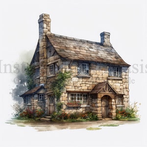 May include: A watercolor painting of a stone cottage with a brown wooden door, two windows on the second floor, and a small porch with a wooden awning. The cottage is surrounded by green plants and flowers.