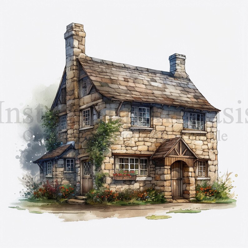 May include: A watercolor painting of a stone cottage with a brown wooden door, two windows on the second floor, and a small porch with a wooden awning. The cottage is surrounded by green plants and flowers.