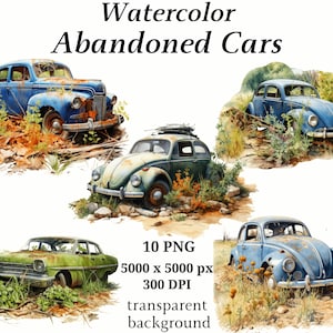 Abandoned Cars Clipart - 10 High Quality PNGs, Instant Digital Download, Printable Graphics, Digital Paper Craft, Car Images | #1217