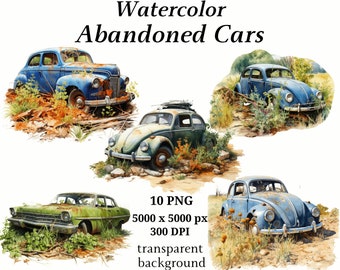 Verlaten auto's clipart - 10 hoogwaardige PNG's, instant digitale download, afdrukbare graphics, digitale papierambachten, autoafbeeldingen | #1217