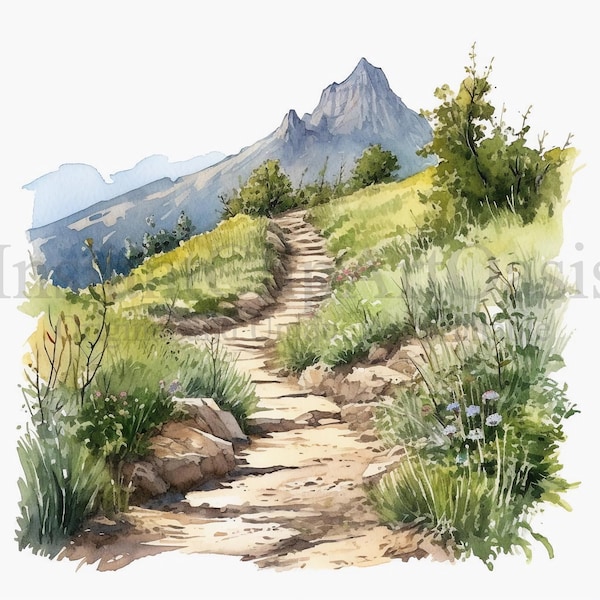 Mountain Trail Clipart, 12 JPG de haute qualité, Art de l'aquarelle, Téléchargement numérique, Fabrication de cartes, Mixed Media, Digital Paper Craft | #649