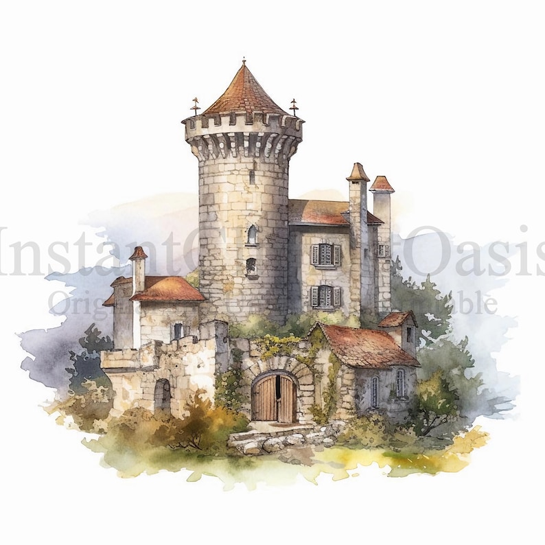 May include: A watercolor painting of a stone castle with a tall tower, red tile roofs, and a wooden door. The castle is surrounded by greenery and a stone wall.