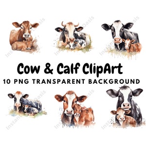 Vache et veau Clipart, 10 PNG de haute qualité, Nursery Art | Fabrication de cartes, Clip Art, Vache mignonne, Artisanat en papier numérique, Peinture à l&#39;aquarelle #541