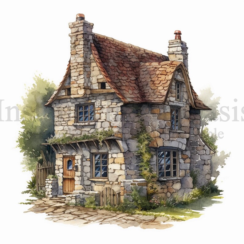 May include: A stone cottage with a brown tiled roof, two chimneys, and multiple windows. The cottage is surrounded by greenery and a stone path.