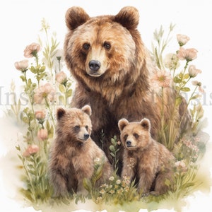 May include: A brown bear with two cubs sitting in a field of wildflowers. The bear and cubs are looking at the camera. The flowers are in shades of pink, white, and green.