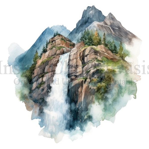 Clipart de cascades de montagne, 10 JPG de haute qualité, Art de l'aquarelle, Téléchargement numérique, Fabrication de cartes, Techniques mixtes, Artisanat en papier numérique | #745