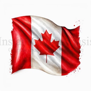 May include: A red and white Canadian flag with a red maple leaf in the centre, waving in the wind. The flag is painted in a watercolour style with a white background.