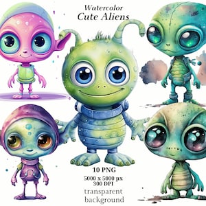 Clipart extraterrestre mignon, 10 PNG de haute qualité, art pour chambre d'enfant, téléchargement numérique | fabrication de cartes, images extraterrestres, créations numériques sur papier | #1352