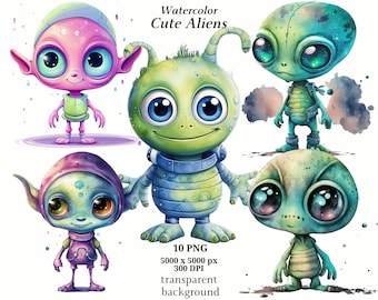 Imágenes prediseñadas de extraterrestres lindos, 10 PNG de alta calidad, arte infantil, descarga digital / creación de tarjetas, imágenes extraterrestres, artesanía de papel digital / #1352