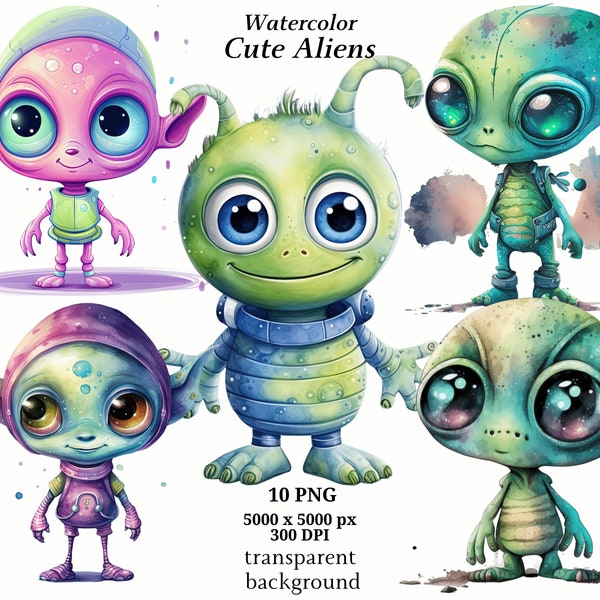 Cute Aliens Clipart, 10 High Quality PNGs, Nursery Art, Digital Download | Card Making, Alien Images, Digital Paper Craft | #1352