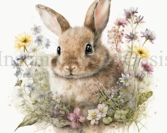 Floral Bunnies Clipart, 10 High Quality JPGs, Nursery Art, Digital Planner, Watercolor, Card Making, Journaling, Digital Download | #67