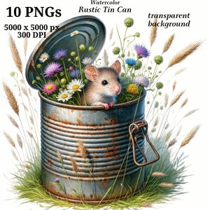 Peut inclure: Une illustration aquarelle d'une petite souris qui regarde d'une boîte de conserve rouillée avec des fleurs sauvages. La boîte a un tirette et est entourée d'herbe verte et de longues brins de blé.