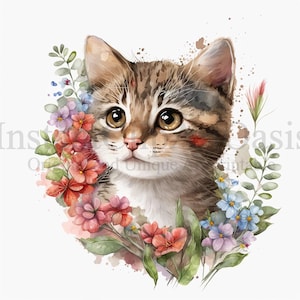 Clipart de gatos florais, 10 JPGs de alta qualidade, arte de berçário, planejador digital, aquarela, confecção de cartões, registro no diário, download digital | #200