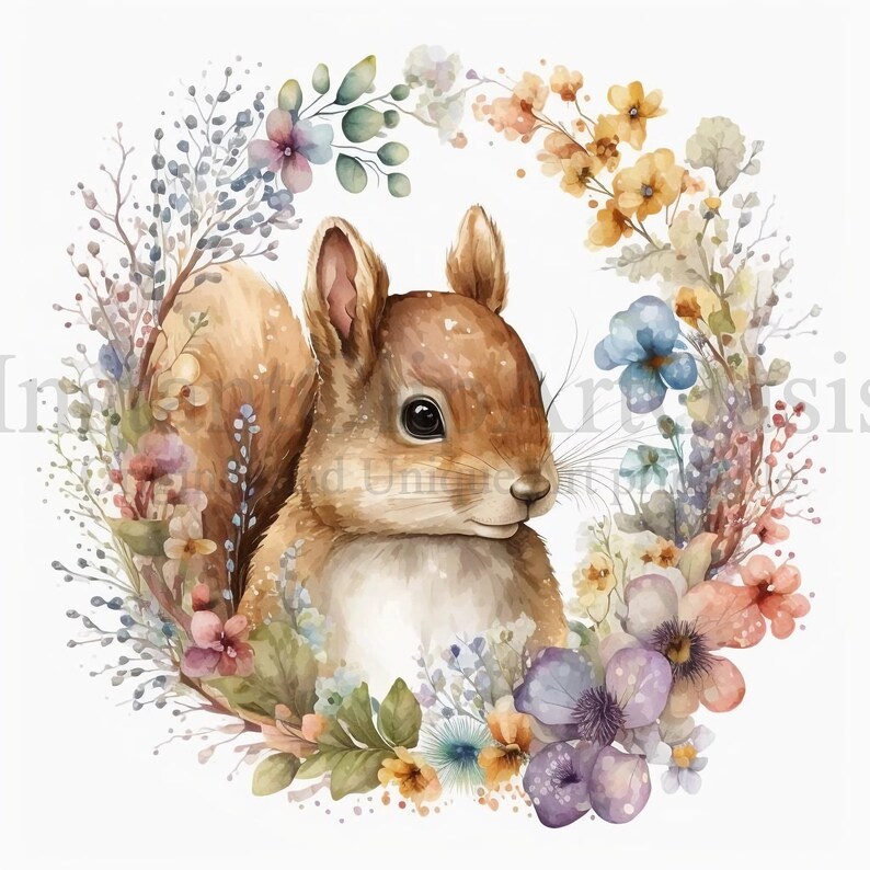 Floral Squirrels Clipart, 10 High Quality JPGs, Nursery Art, Digital Planner, Watercolor, Card Making, Journaling, Digital Download | #85 image 3