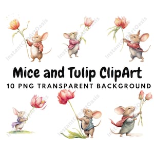 Imágenes prediseñadas de ratones y tulipanes, 10 PNG de alta calidad, arte infantil, fabricación de tarjetas, imágenes prediseñadas de ratón lindo, artesanía de papel digital, acuarela / #743