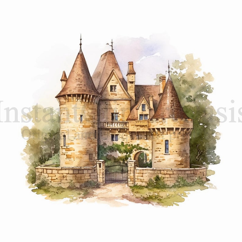 May include: Watercolor painting of a stone castle with a brown roof, surrounded by a stone wall and green trees. The castle has a gate and a balcony.