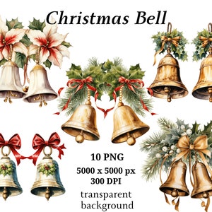 Christmas Bells Clipart, set 2, 10 High Quality PNGs, Christmas Clipart, Christmas Images, Card Making, Journaling, Digital Download | #1230