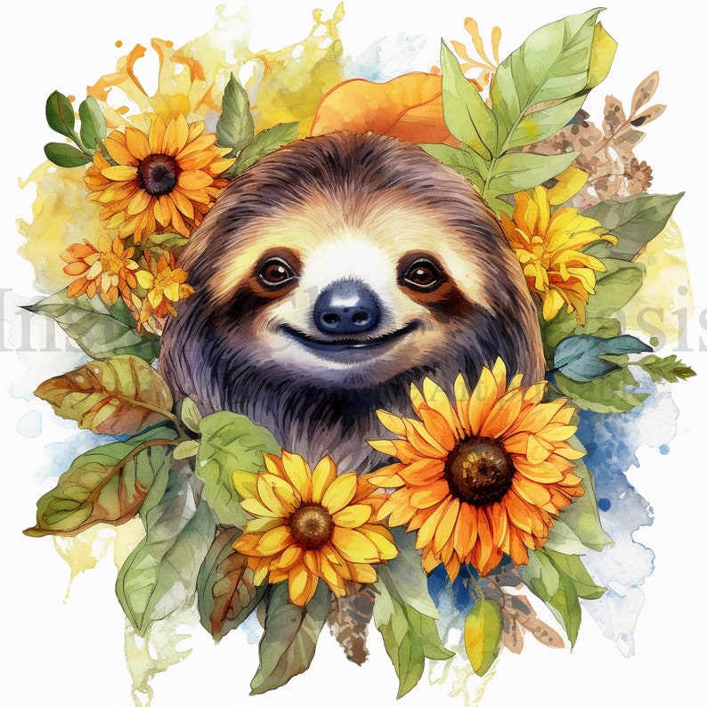 Sunflower Sloth Clipart, 10 High Quality JPGs, Nursery Art, Digital Planner, Watercolor, Card Making, Journaling, Digital Download 551 image 8